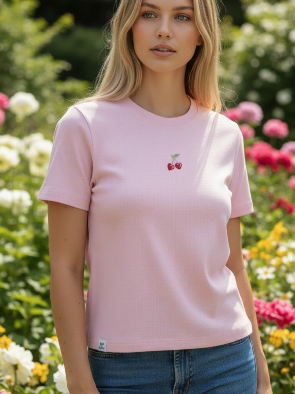 Life is Good W's Embroidered Cherries Short Sleeve Fitted Rib Tee